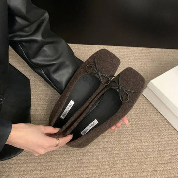 Xajzpa Woman Casual Square Head Bow Flats Flock Mocasines Ballerina Church Flats Female Suede Elegant Soft Sole Women Shoes